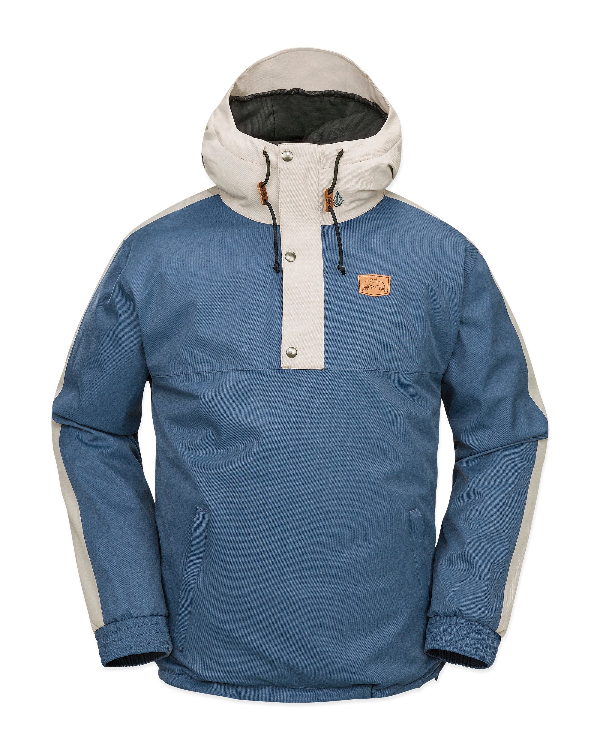 Volcom Longo 20K Pullover Jacket - A blue and white pullover jacket with a hood, featuring a button-up front and two side pockets.