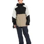 Volcom Brighton FZ Shell Jacket - A black, white, and tan jacket with a hood, featuring a zippered front and two side pockets.