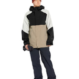 Volcom Brighton FZ Shell Jacket - A black, white, and tan jacket with a hood, featuring a zippered front and two side pockets.