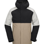 Volcom Brighton FZ Shell Jacket 2025 - A black, grey and tan jacket with a hood, featuring a zip closure and two front pockets.