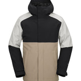 Volcom Brighton FZ Shell Jacket 2025 - A black, grey and tan jacket with a hood, featuring a zip closure and two front pockets.