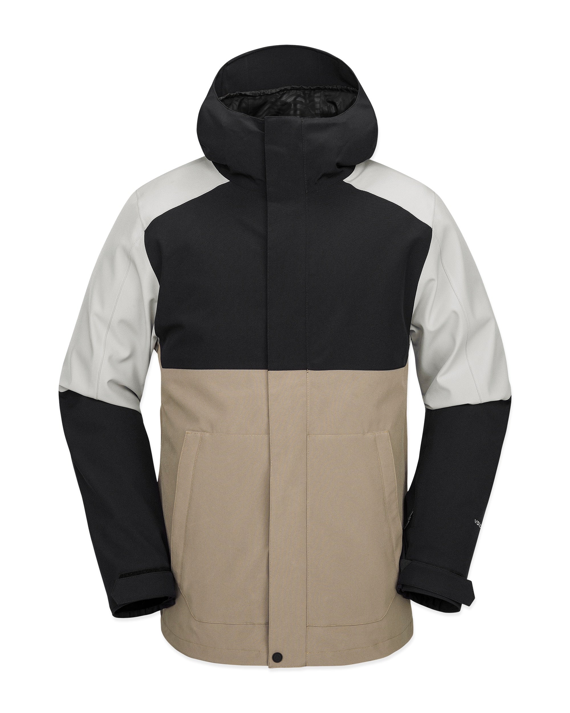Volcom Brighton FZ Shell Jacket 2025 - A black, grey and tan jacket with a hood, featuring a zip closure and two front pockets.