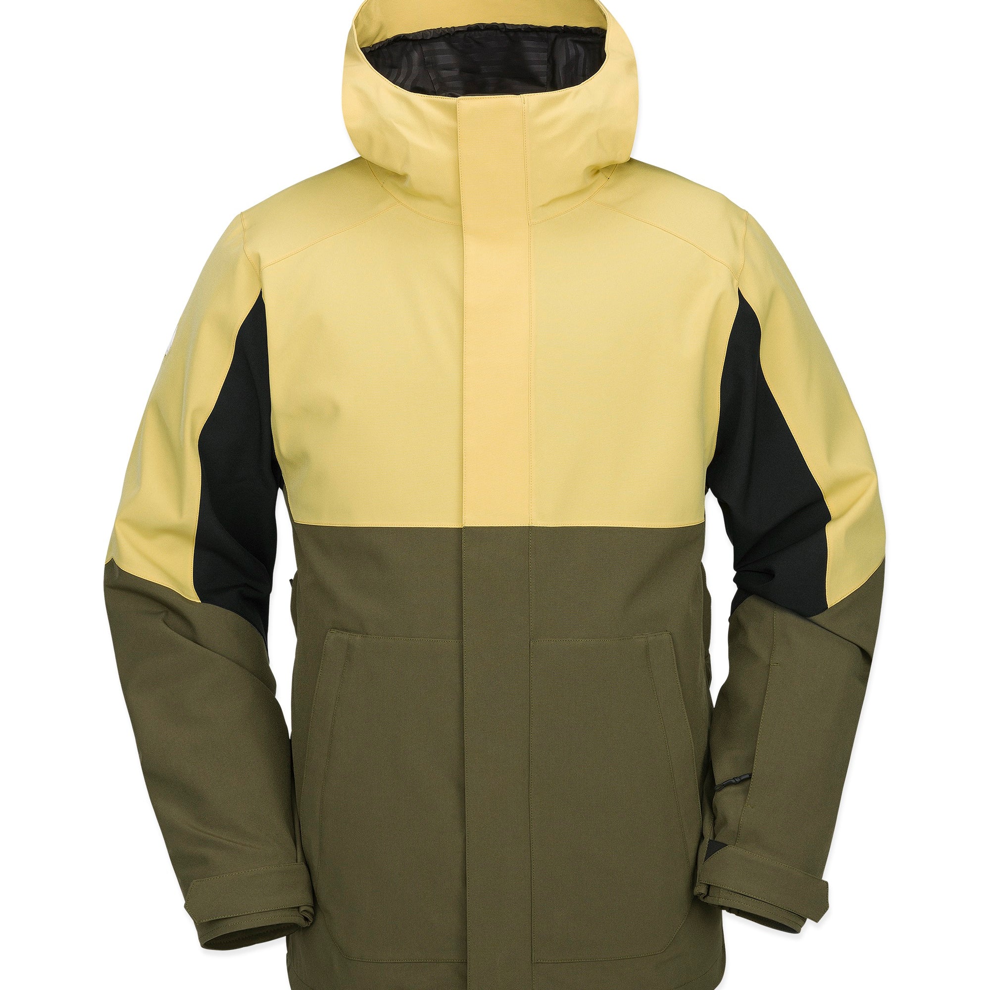 Volcom Brighton FZ Shell Jacket - A two-tone jacket with a light yellow top half and olive green bottom half, featuring black accents on the sleeves.