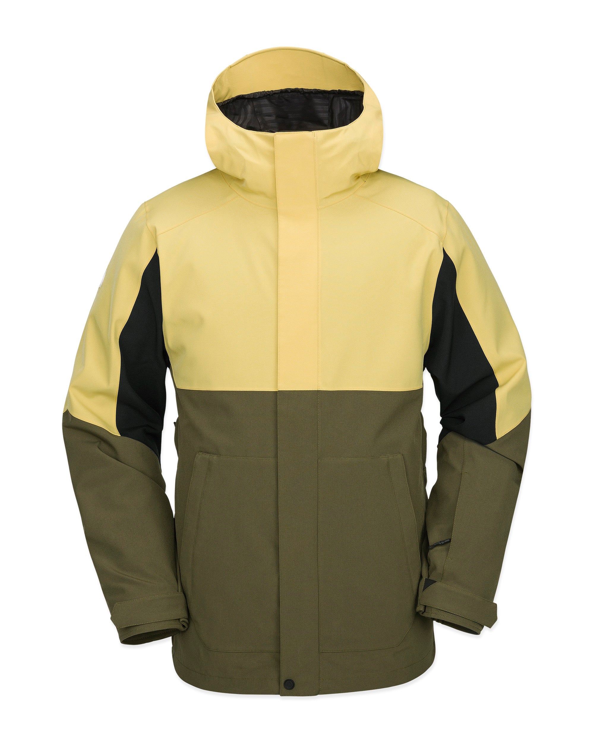 Volcom Brighton FZ Shell Jacket - A two-tone jacket with a light yellow top half and olive green bottom half, featuring black accents on the sleeves.