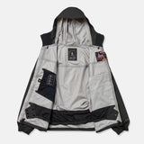 Volcom Arthur 3L 20K jacket in light gray with black hood and front opening