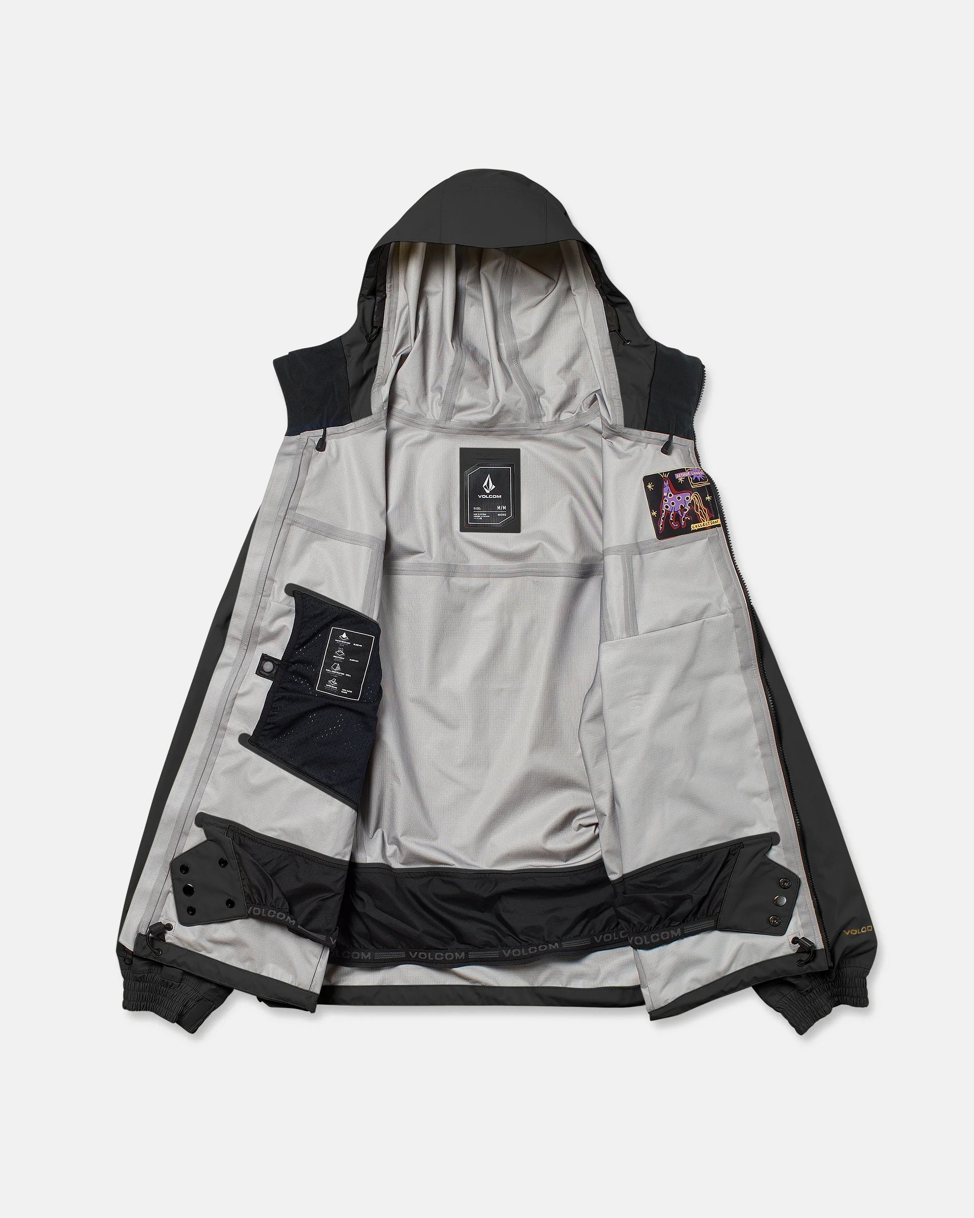 Volcom Arthur 3L 20K jacket in light gray with black hood and front opening