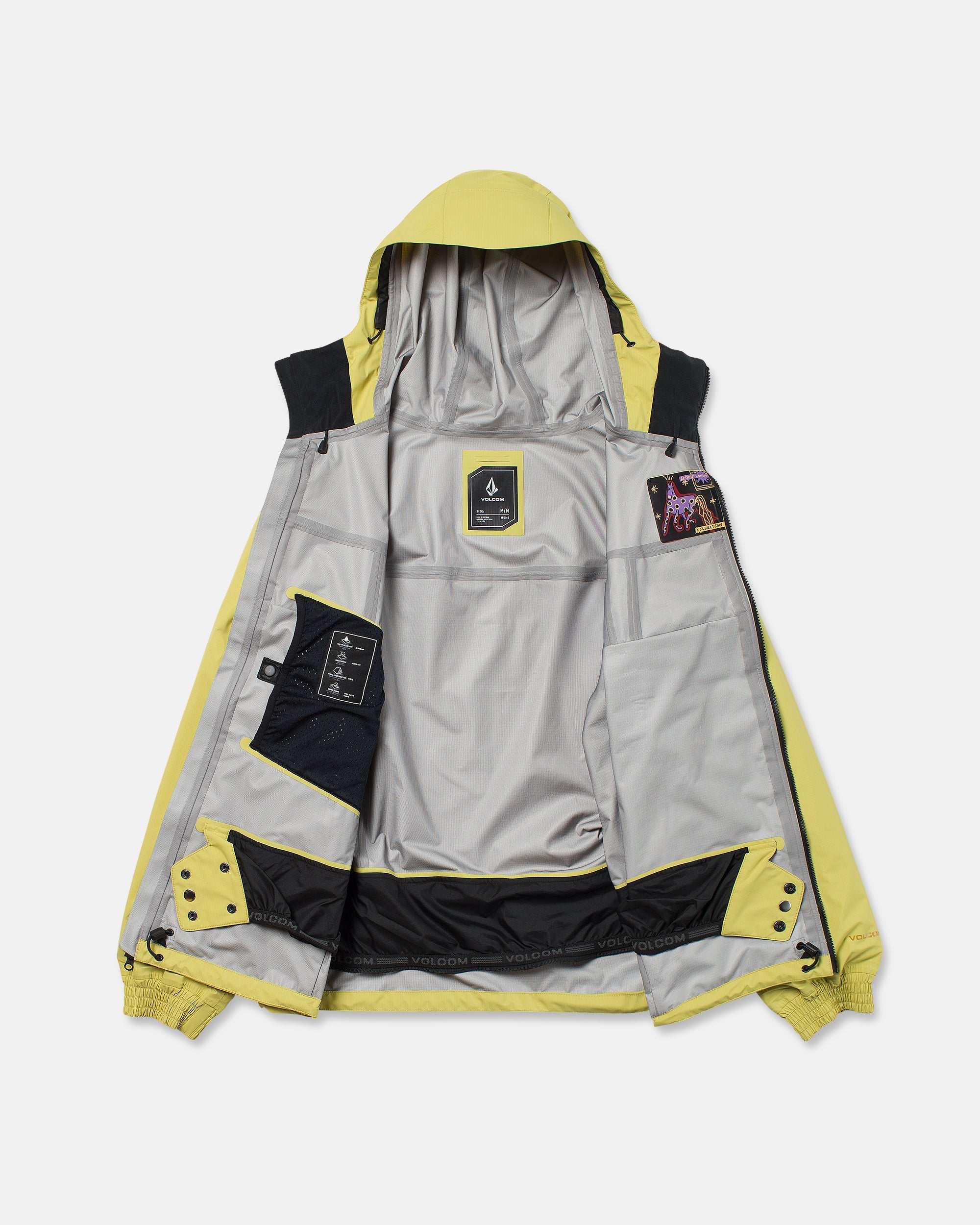 Gray and yellow 3L 20K ski jacket shell with hood and zip-front panels