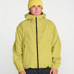 Lime yellow hooded ski jacket with full-length front zipper and side pockets