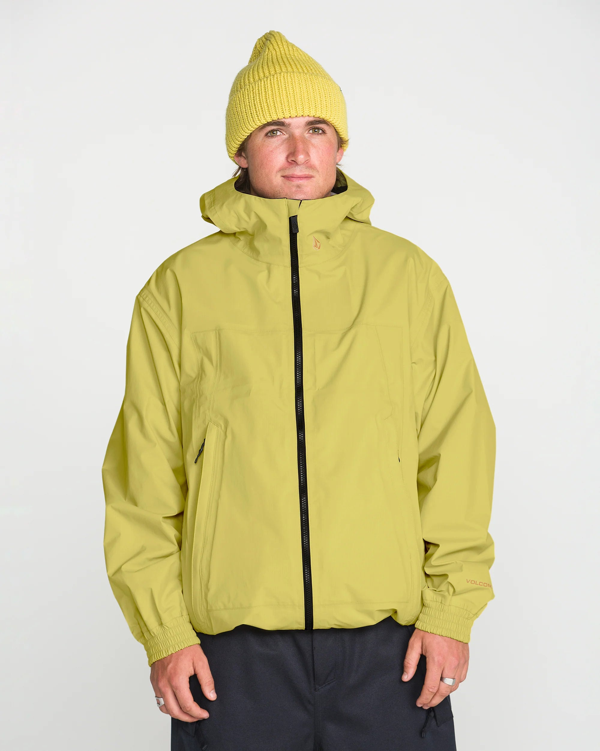 Lime yellow hooded ski jacket with full-length front zipper and side pockets