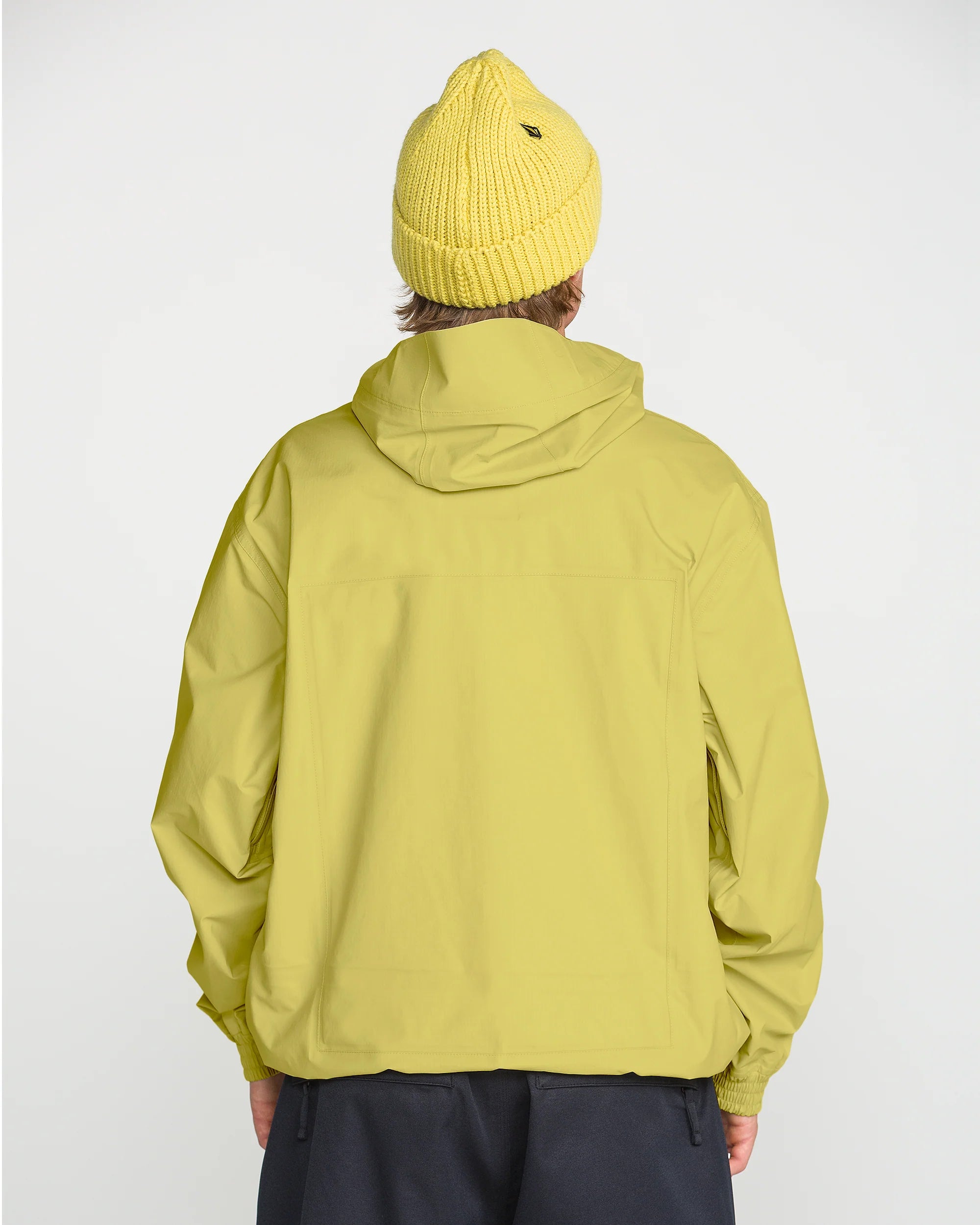 Yellow 3L 20K ski jacket back view with hood and adjustable hem