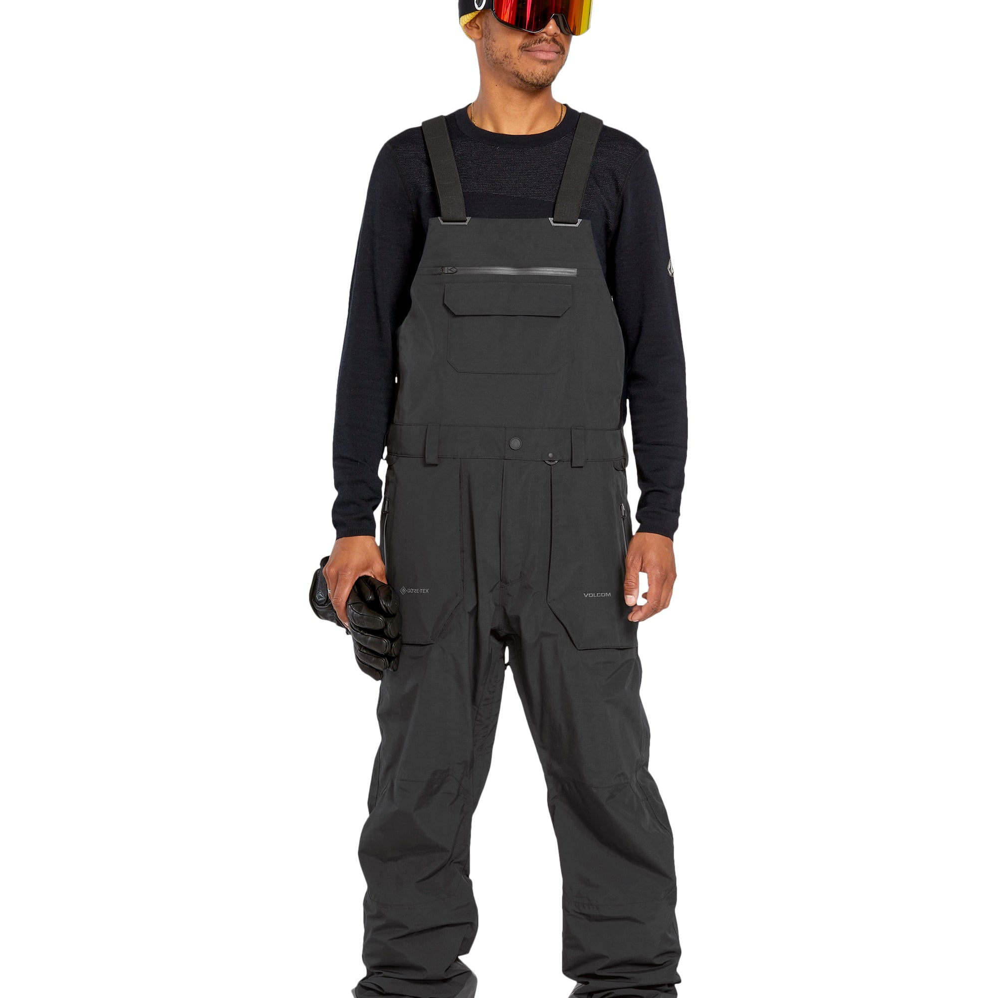 Volcom Men's Rain GORE-TEX Bib Overall - Black bib overalls with a zippered fly and adjustable straps.