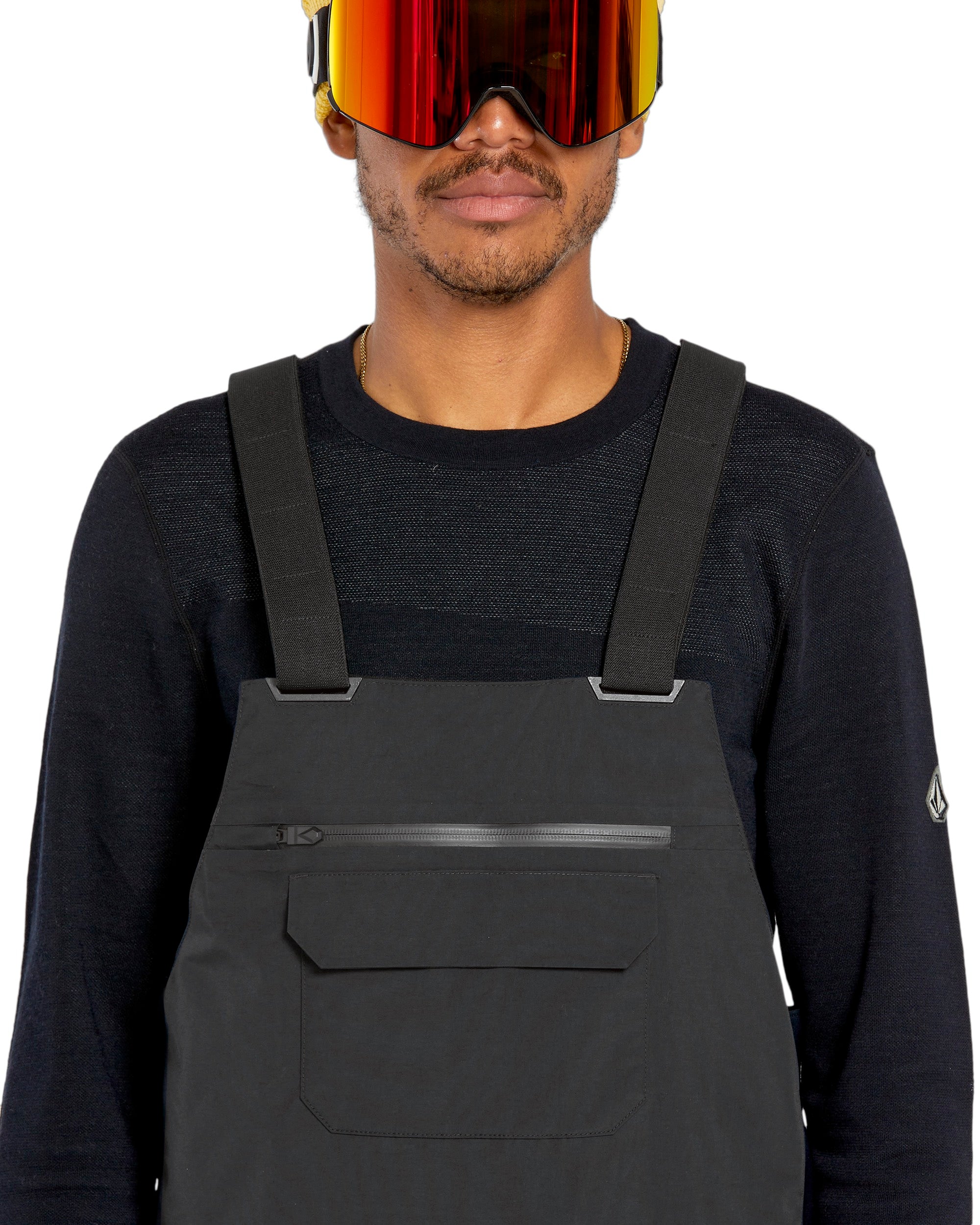 Volcom Men's Rain GORE-TEX Bib Overall - A pair of black bib overalls with a zippered fly and adjustable straps.
