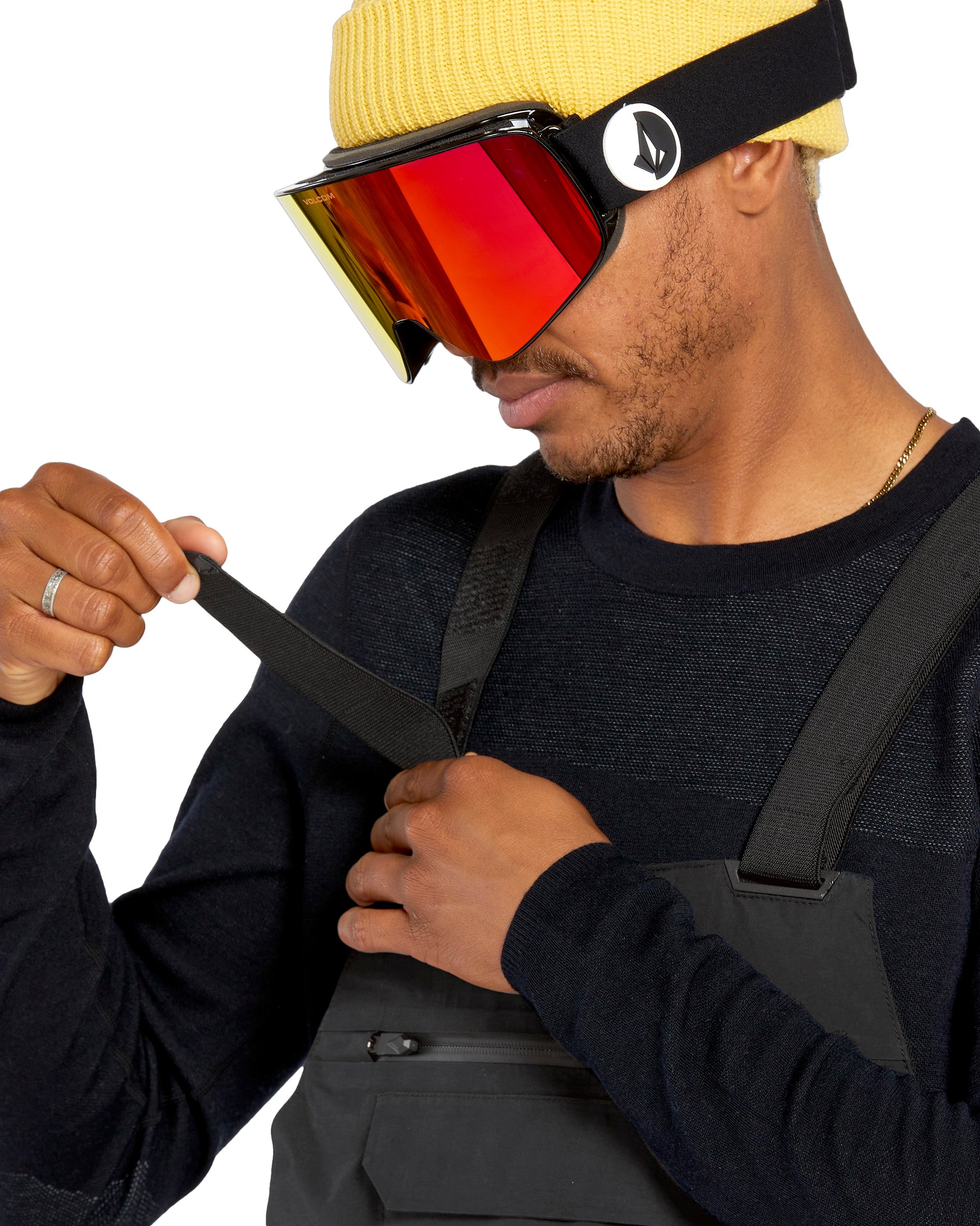 Volcom Men's Rain GORE-TEX Bib Overall - A pair of black bib overalls with a zippered fly and adjustable straps.