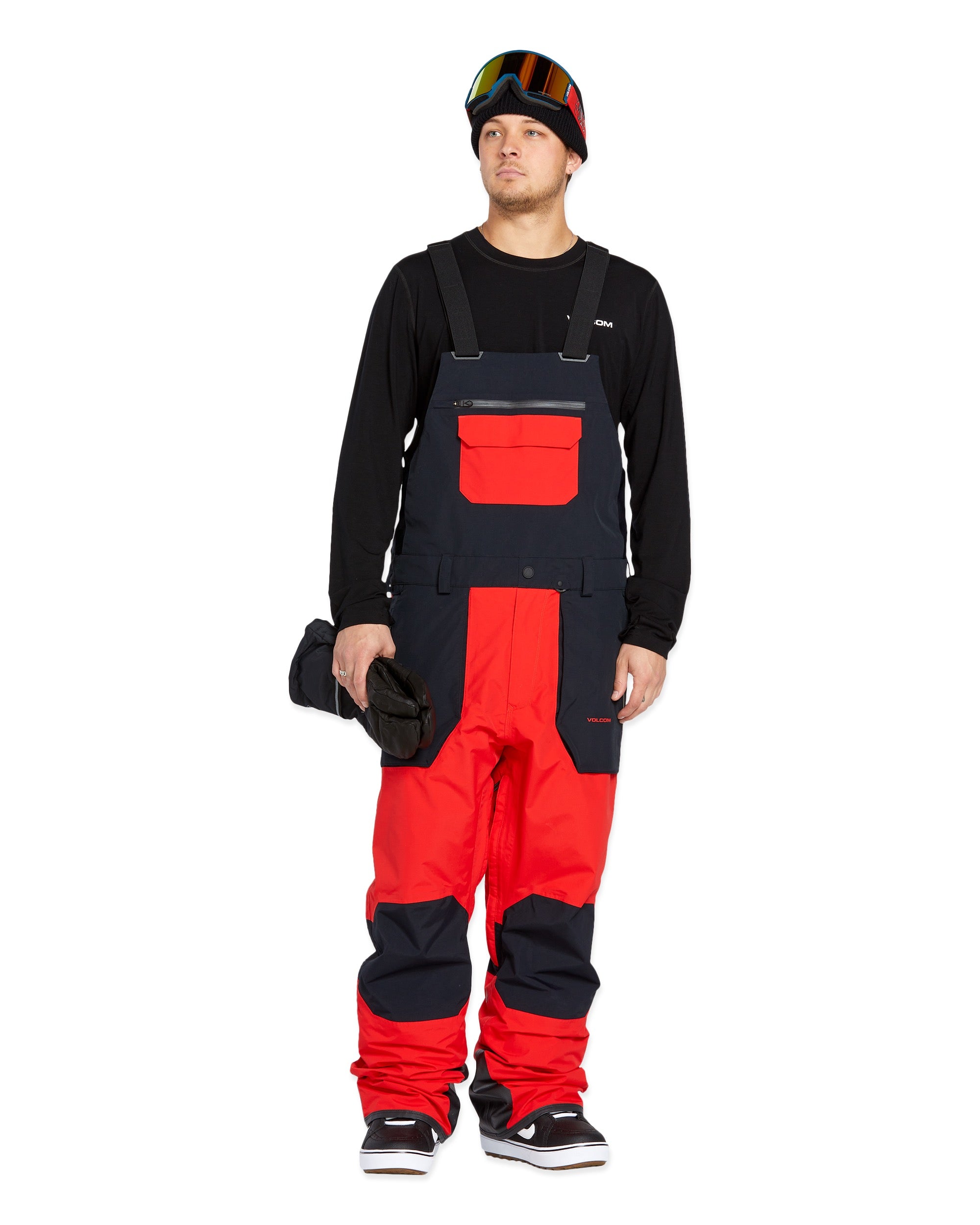 Volcom Men's Rain GORE-TEX Bib Overall - Black bib overalls with red accents and a black zipper on the front.