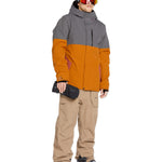 Volcom Men's Rain GORE-TEX Bib Overall - A waterproof bib overall with a black and grey color scheme, featuring a zippered front and adjustable cuffs.