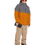 Volcom Men's Rain GORE-TEX Bib Overall - A waterproof bib overall with a black and grey color scheme, featuring a zippered front and adjustable cuffs.