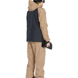 Volcom Men's Rain GORE-TEX Bib Overall - A black bib overall with a tan rain jacket and matching pants, featuring a hood on the jacket.