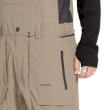 Volcom Men's Rain GORE-TEX Bib Overall - A pair of khaki-colored rain bib overalls with a black zipper and belt loops.