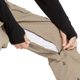 Volcom Men's Rain GORE-TEX Bib Overall - A pair of khaki-colored rain bib overalls with a black zipper and logo on the left thigh.