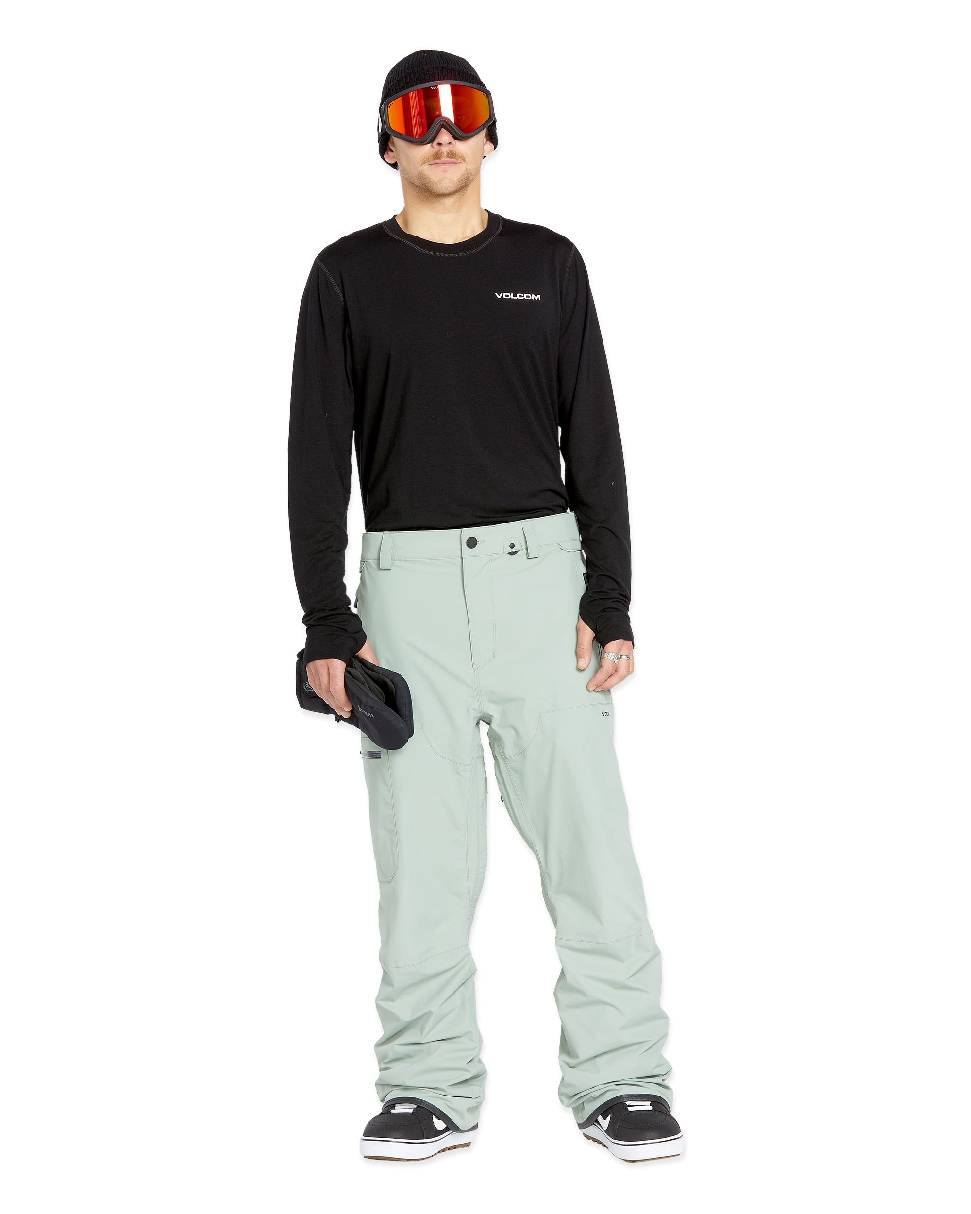 Volcom Men's L GORE-TEX Shell Pant 2025 - A black ski pant with a white logo on the left thigh and silver hardware.
