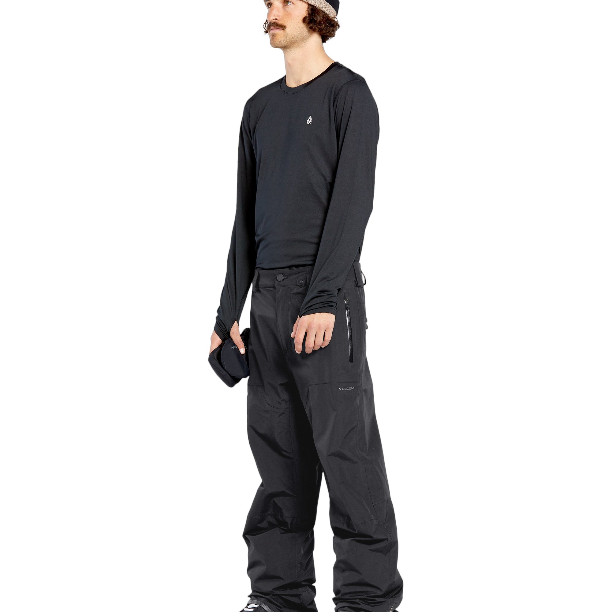 Volcom Men's L GORE-TEX Shell Pant 2025 - Black waterproof ski pants with a zippered pocket on the thigh and adjustable Velcro straps at the waist.