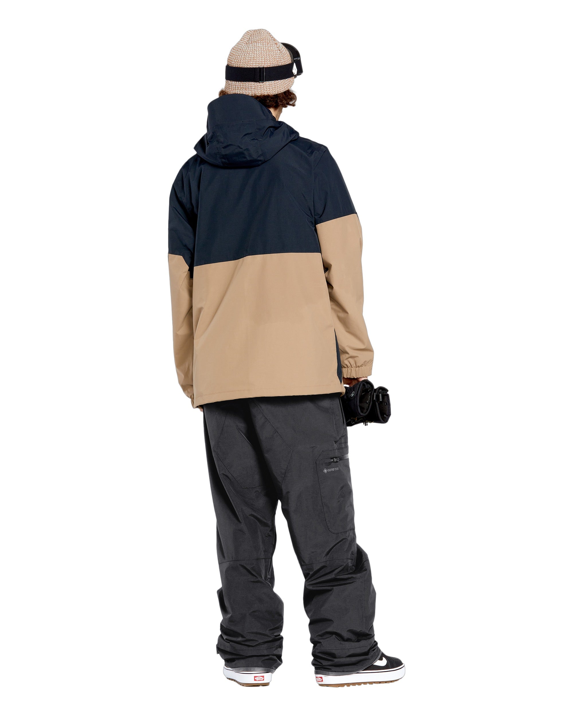 Volcom Men's L GORE-TEX Shell Pant 2025 - A tan and black snow pant with a zippered pocket on the thigh.