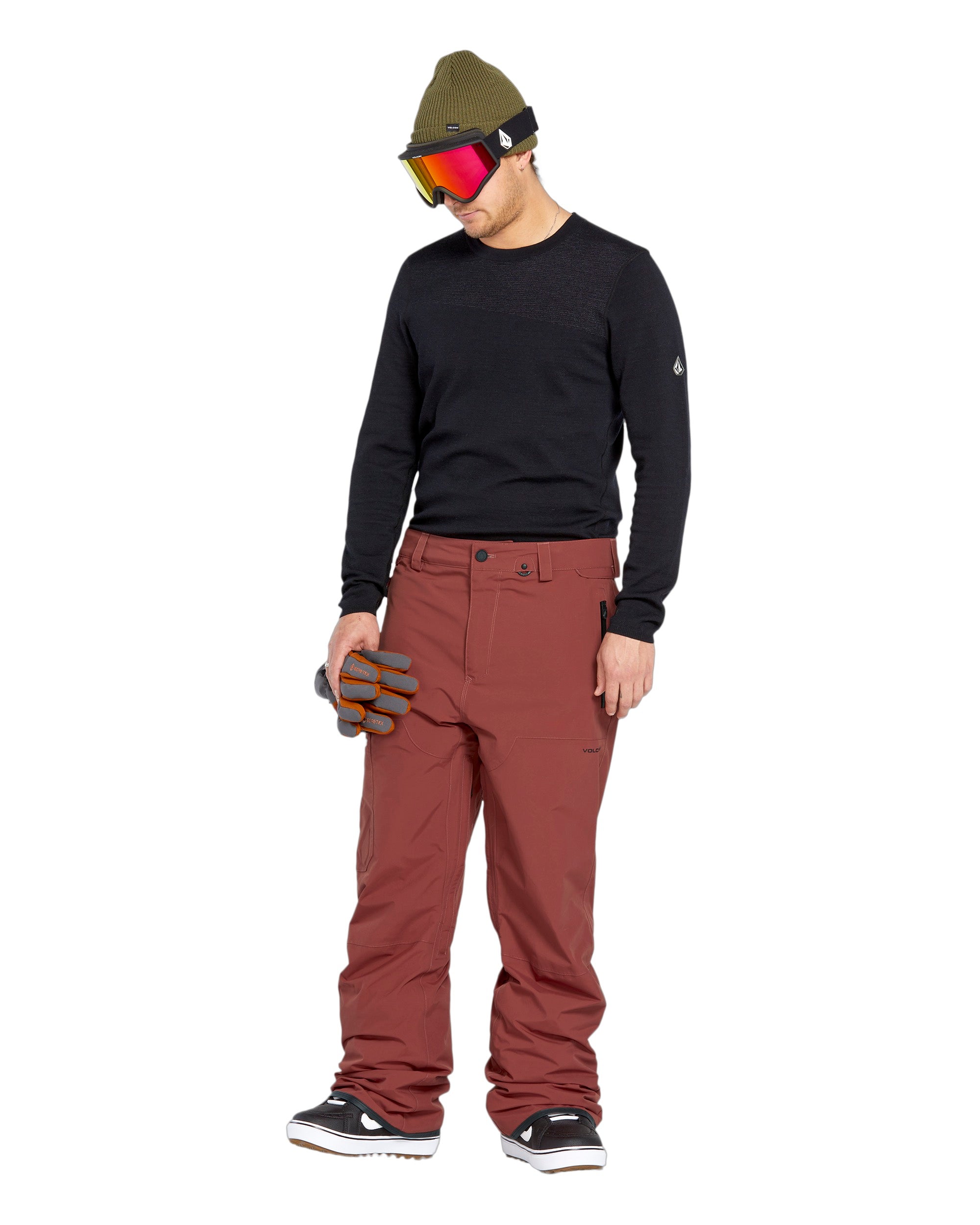 Volcom Men's L GORE-TEX Shell Pant 2025 - A pair of red snow pants with a black zipper on the left leg.