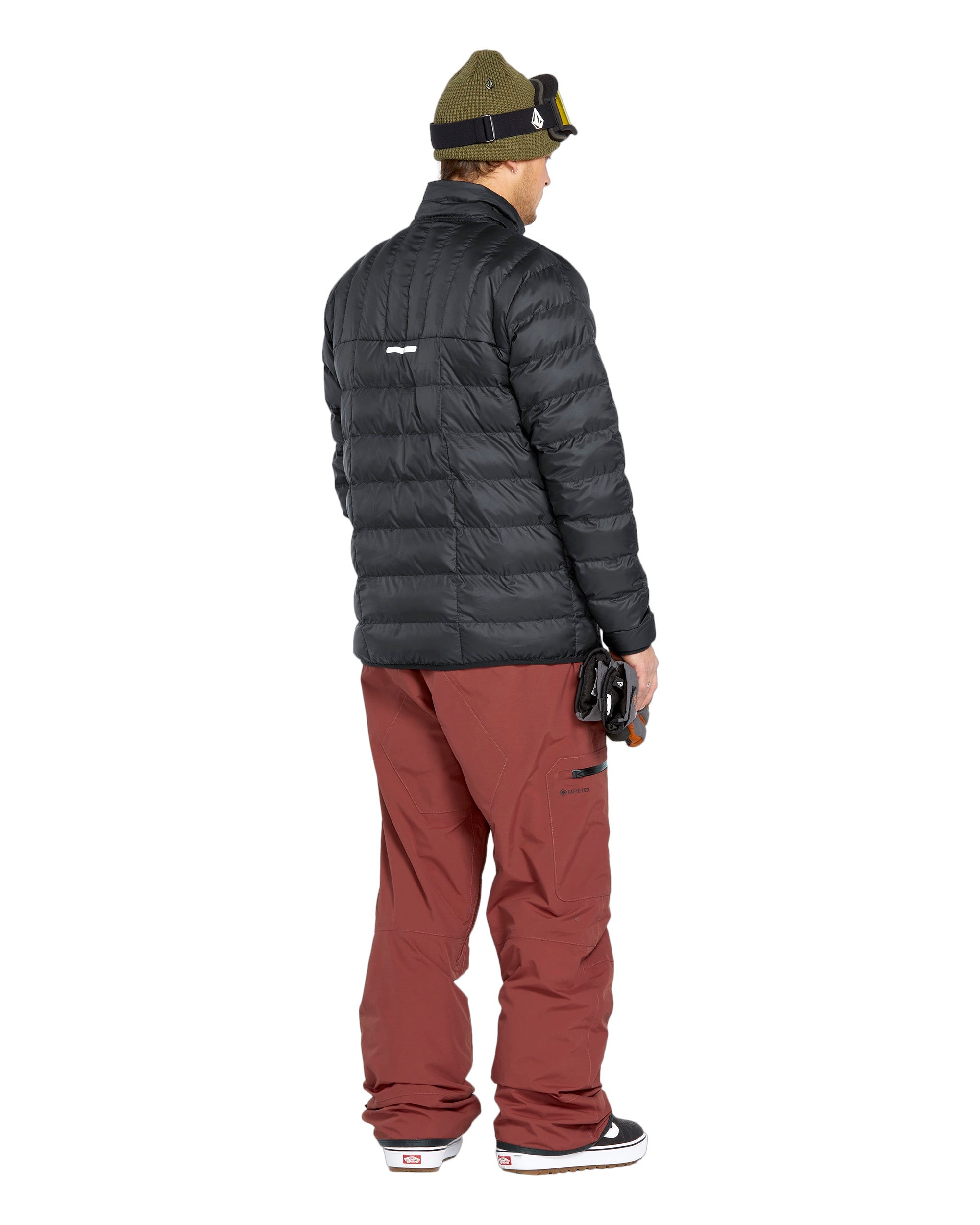Volcom Men's L GORE-TEX Shell Pant 2025 - A black shell pant with a zippered pocket on the thigh and a logo patch on the left leg.