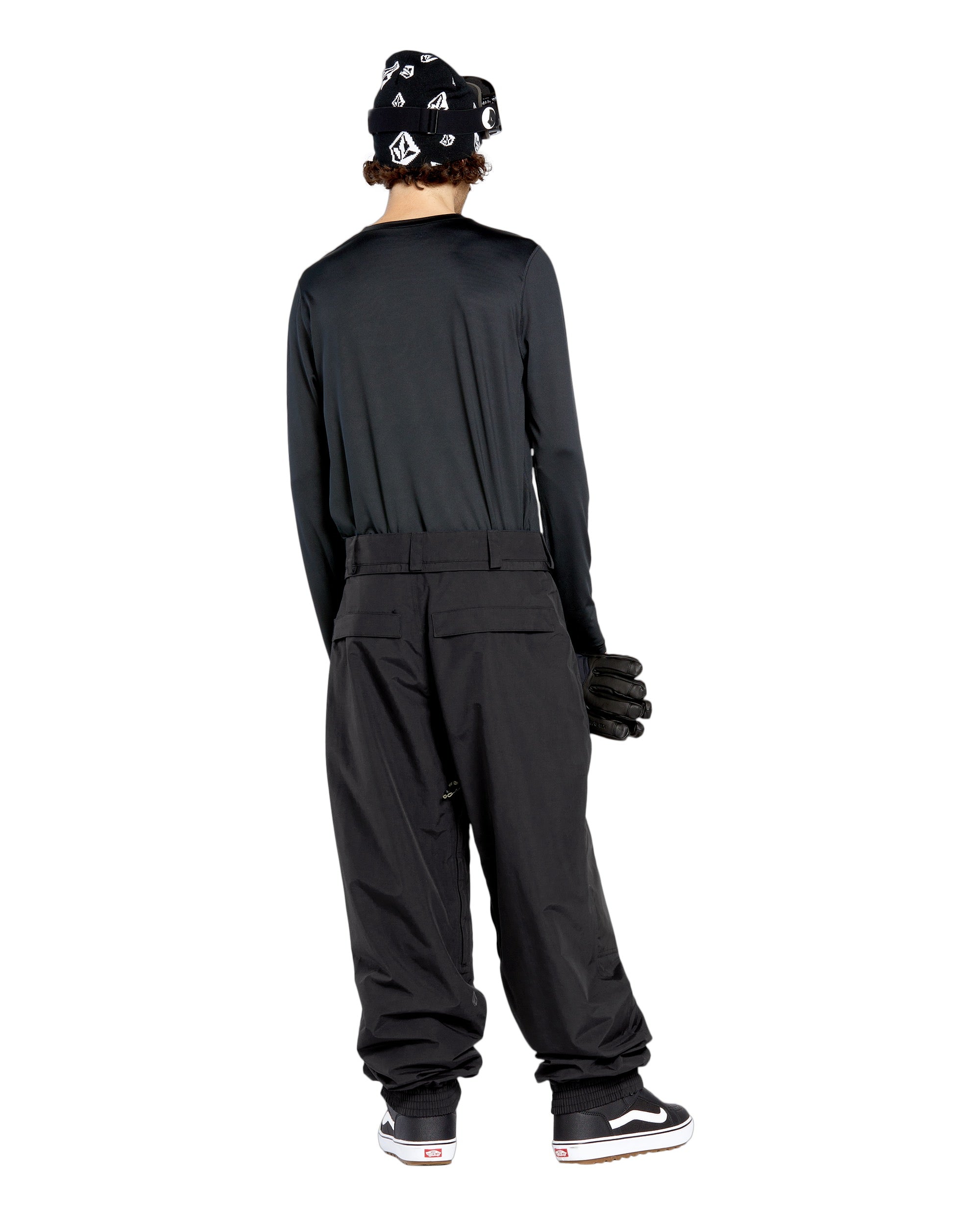 Volcom Men's Longo GORE-TEX Shell Pants 2025 - Black pants with a white logo on the left thigh and a zippered pocket on the right side.