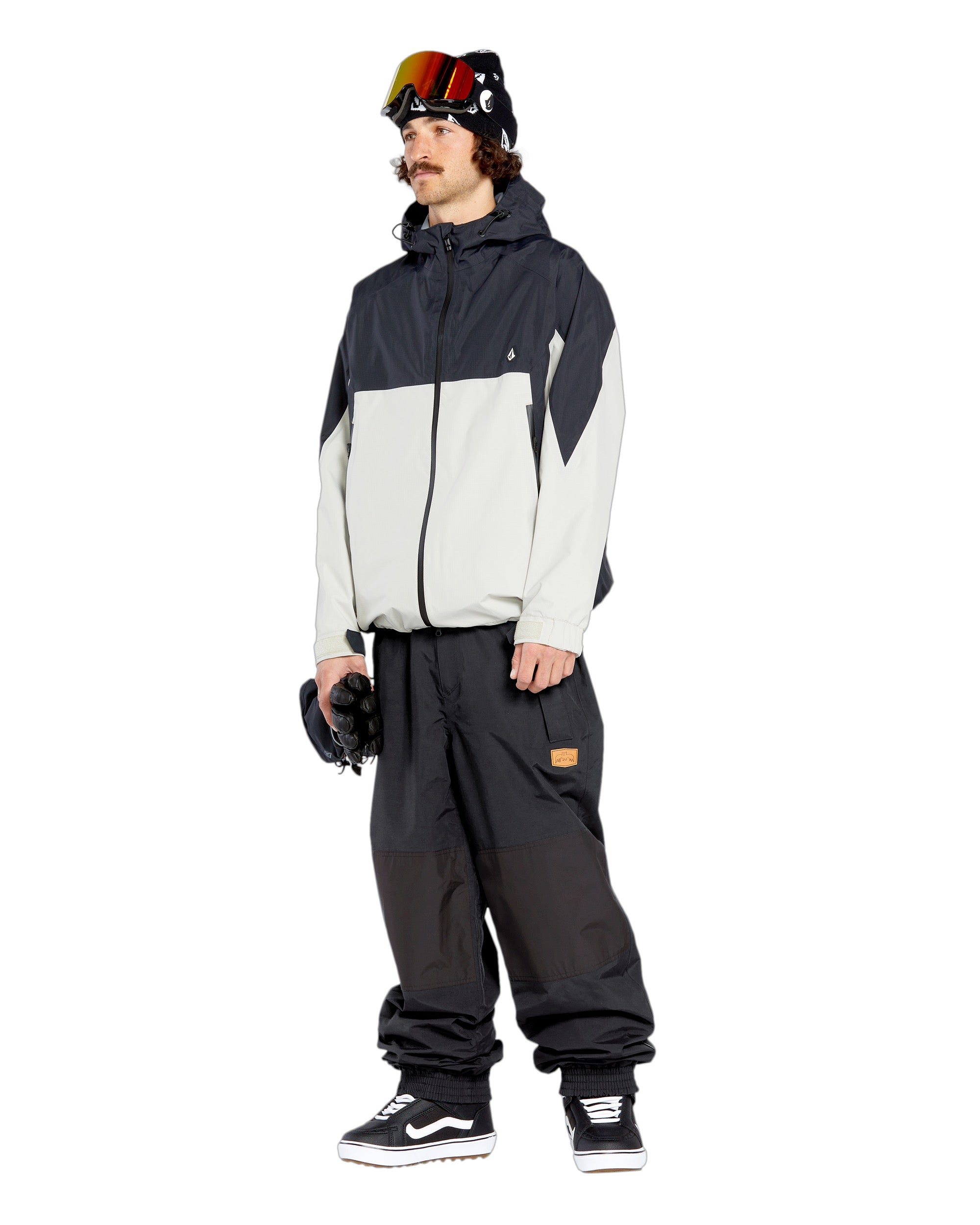 Volcom Men's Longo GORE-TEX Shell Pants - Black pants with a white logo on the left thigh and a zippered pocket on the right side.
