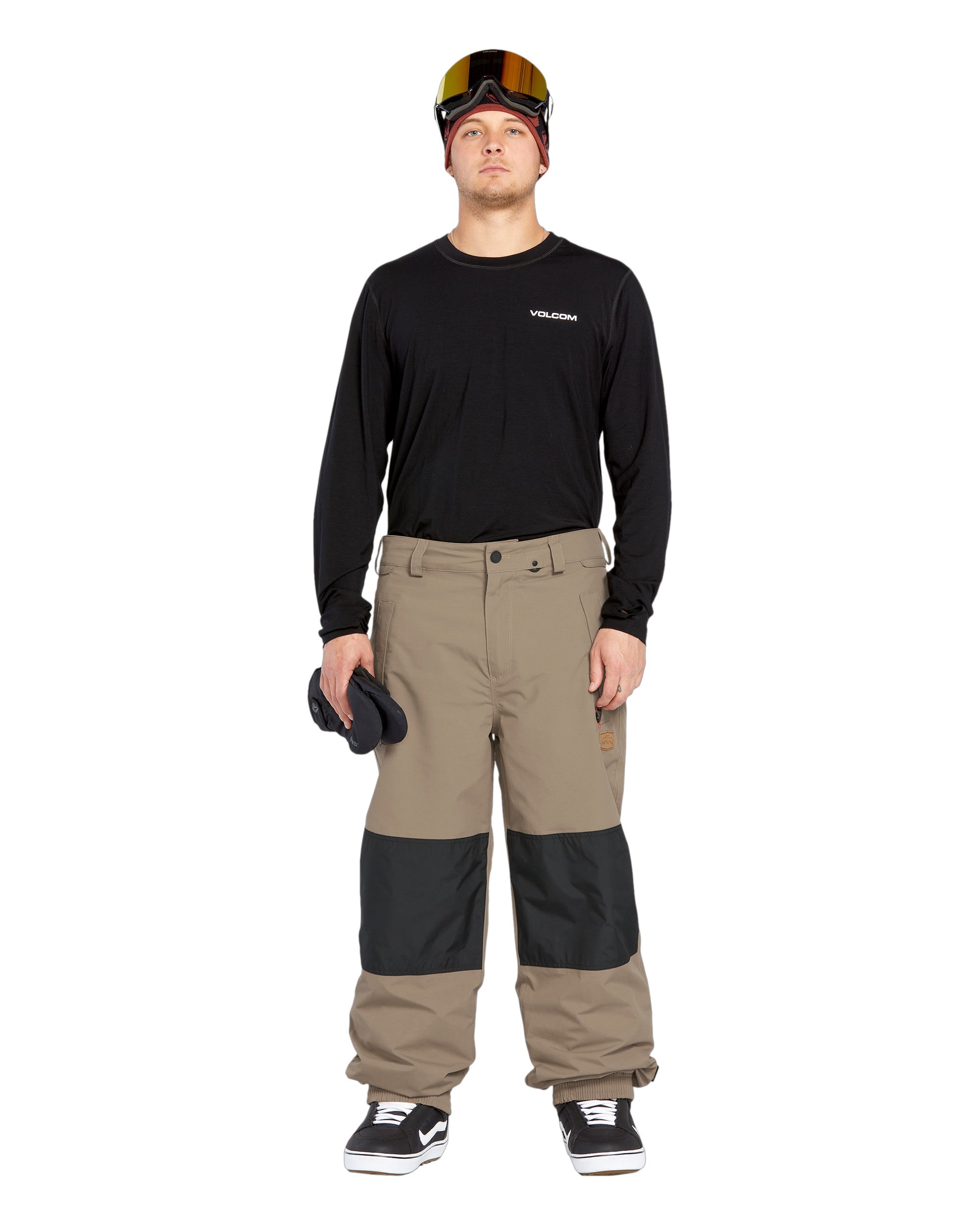 Volcom Men's Longo GORE-TEX Shell Pants - Black pants with a zippered pocket on the thigh and adjustable Velcro straps at the waist.