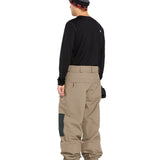 Volcom Men's Longo GORE-TEX Shell Pants - A pair of khaki-colored snow pants with a black stripe on the side and a zippered pocket at the back.