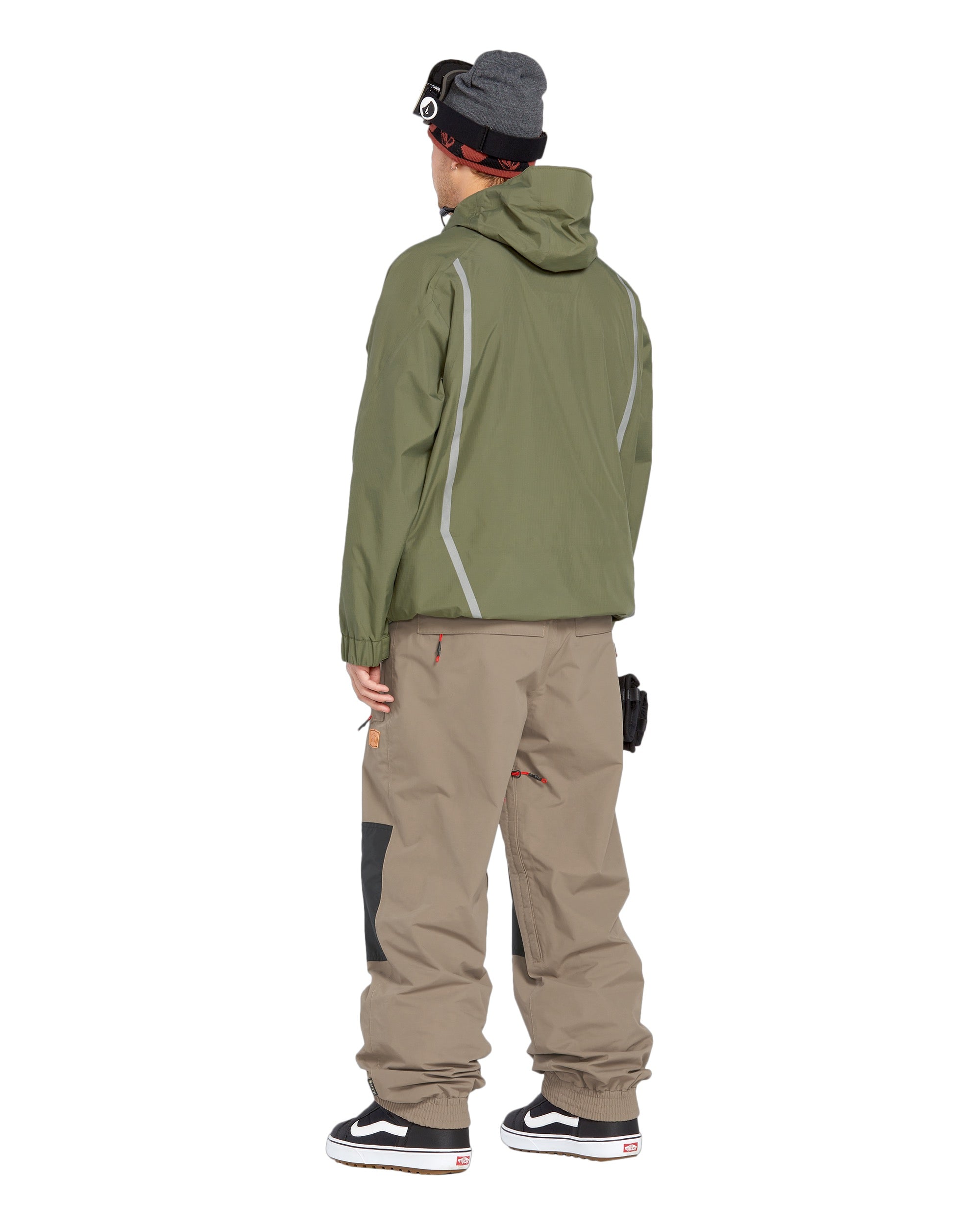 Volcom Men's Longo GORE-TEX Shell Pants - A pair of olive green pants with a reflective stripe down the side and an elastic waistband.