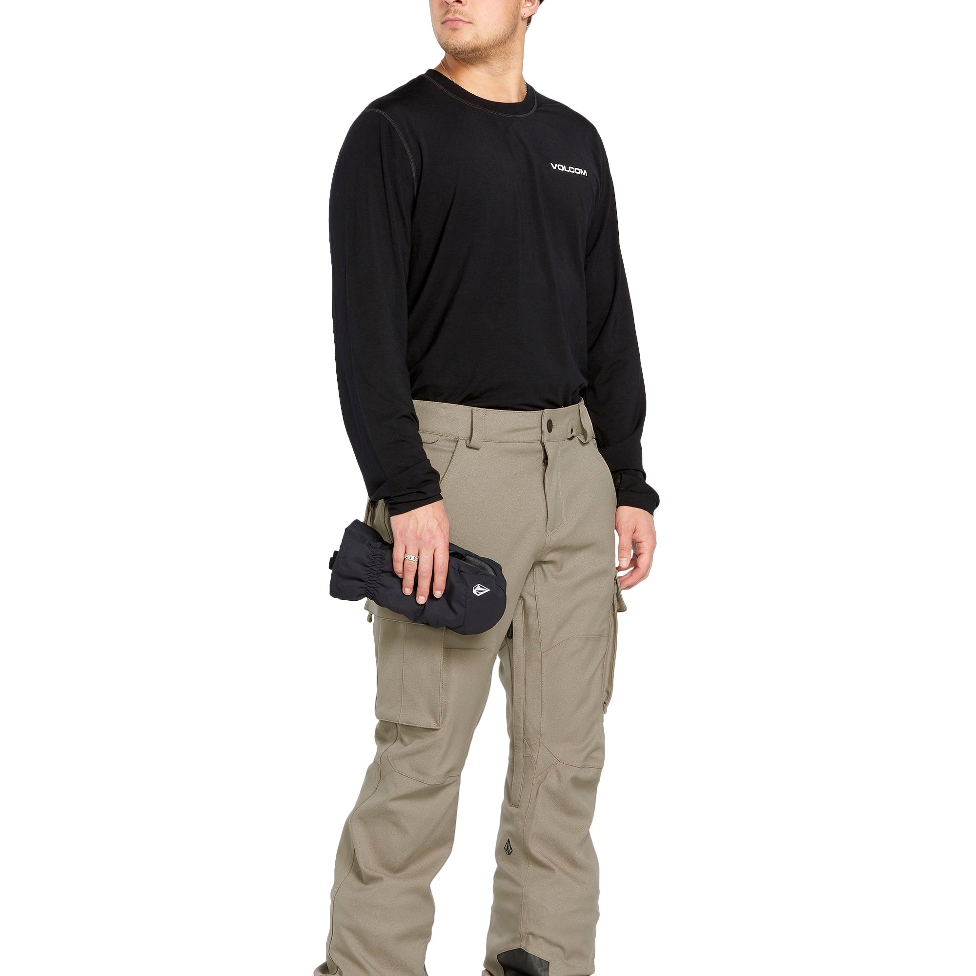 Volcom Men's New Articulated Shell Pants 2025 - Black pants with a subtle white logo on the left thigh and adjustable Velcro straps at the ankles.