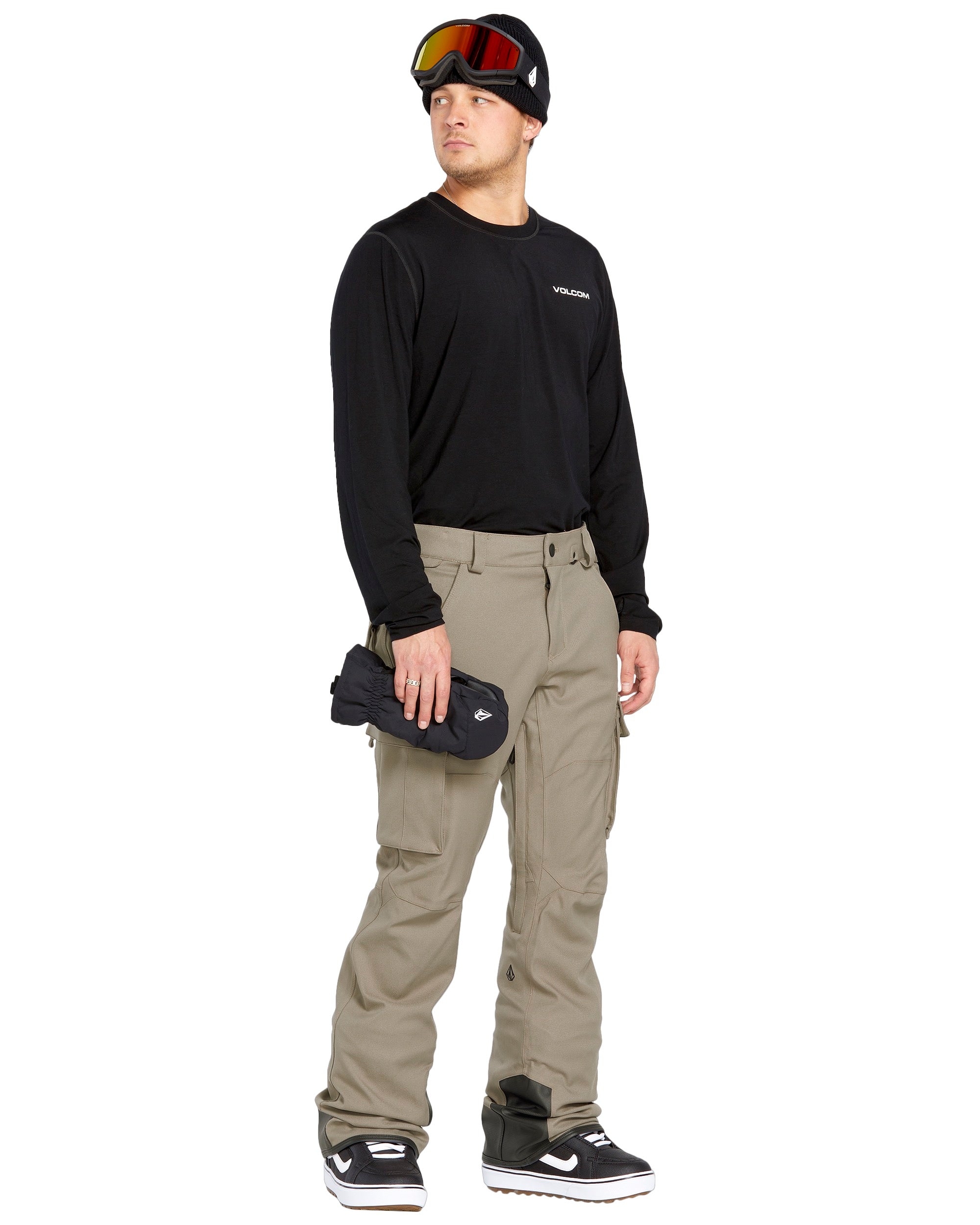 Volcom Men's New Articulated Shell Pants 2025 - Black pants with a subtle white logo on the left thigh and adjustable Velcro straps at the ankles.