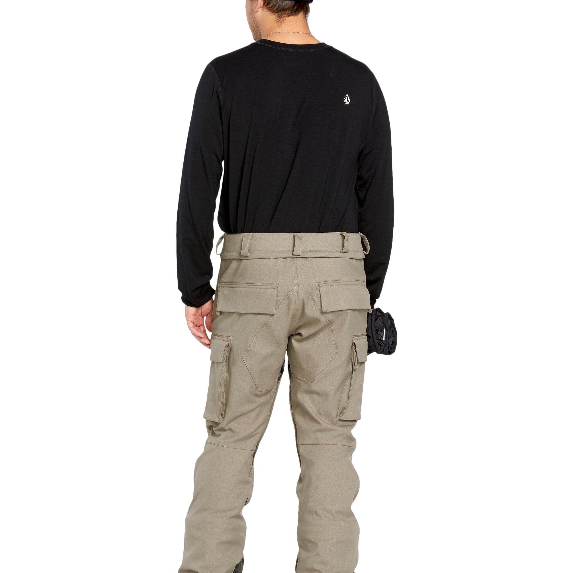 Volcom Men's New Articulated Shell Pants 2025 - Black pants with a white logo on the left thigh and silver hardware.