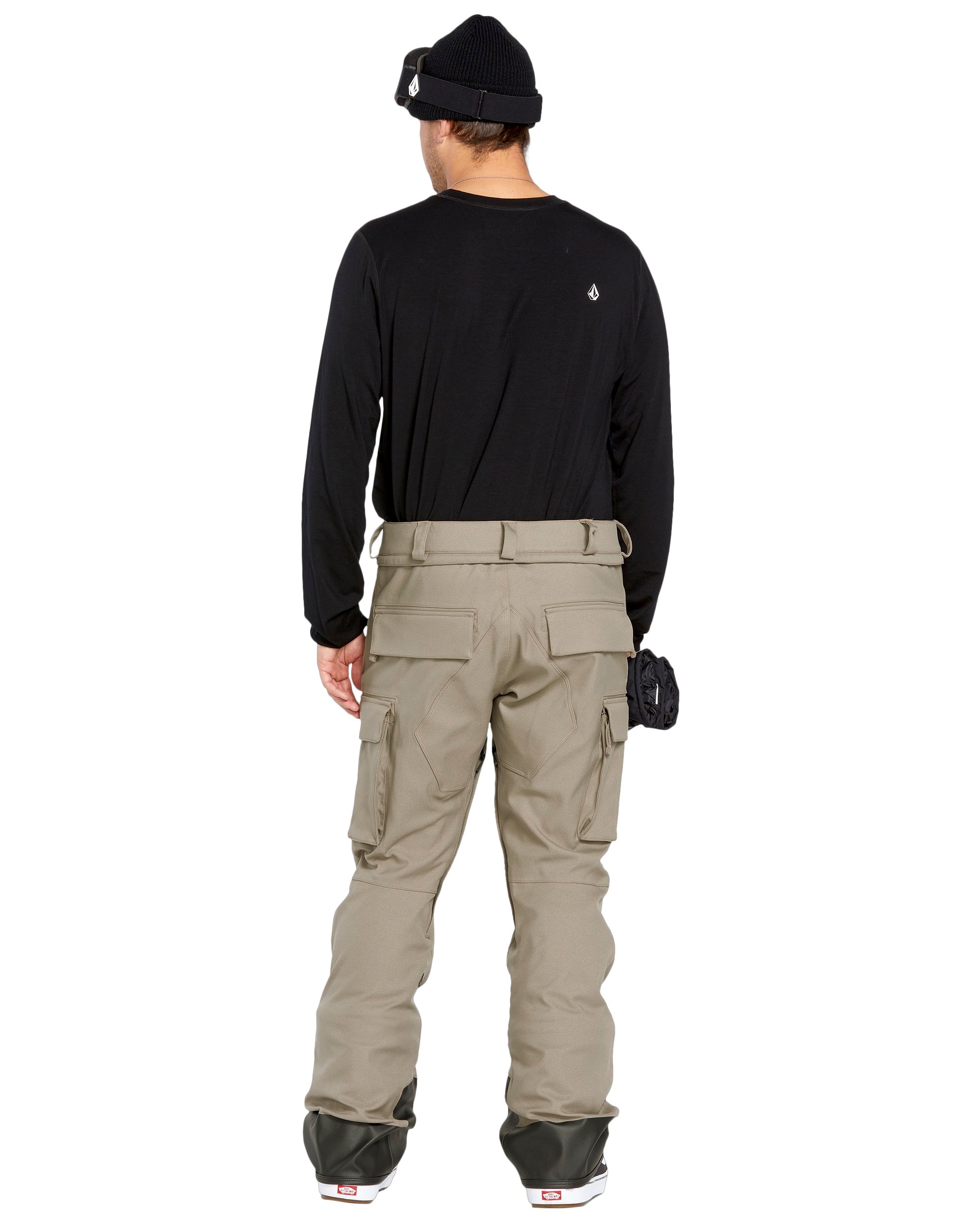 Volcom Men's New Articulated Shell Pants 2025 - Black pants with a white logo on the left thigh and silver hardware.