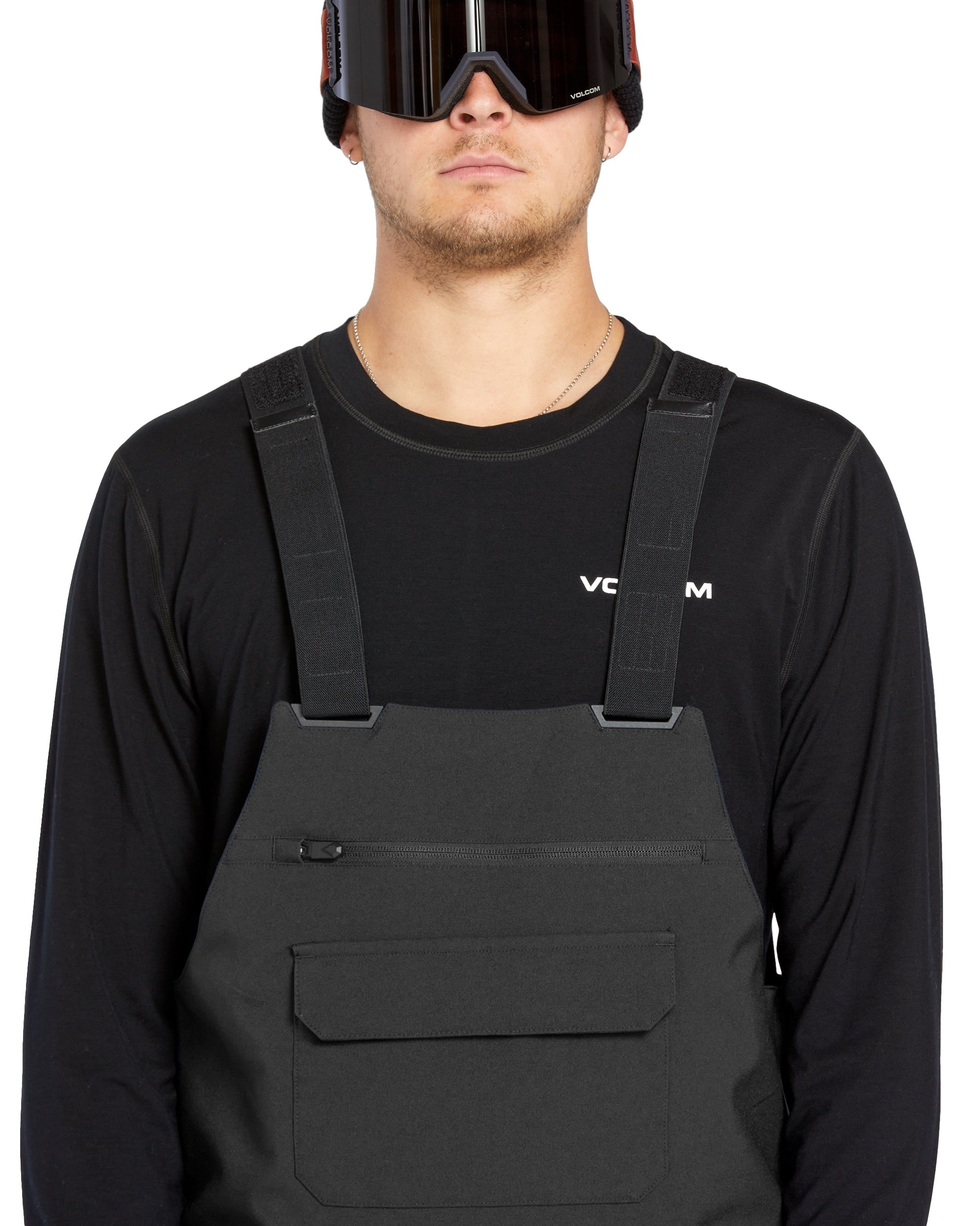 Volcom Men's Roan Shell Bib Overall - A black bib overall with a zippered fly and adjustable straps.