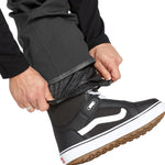 Volcom Men's Roan Shell Bib Overall - A black bib overall with a quilted pattern on the chest and shoulders, featuring a zippered fly and adjustable Velcro straps at the waist and ankles.