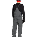 Volcom Men's Roan Shell Bib Overall - A dark gray overall with a black zipper and two front pockets, featuring a white logo on the left chest area.