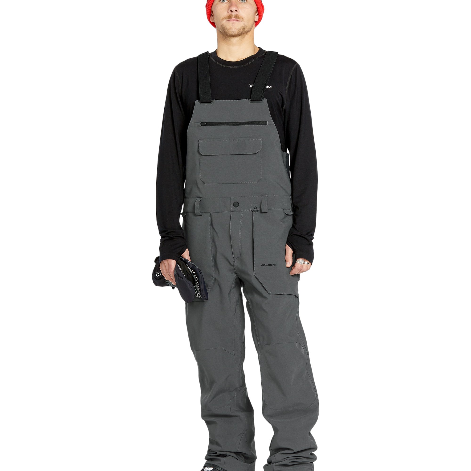 Volcom Men's Roan Shell Bib Overall - A dark gray overall with a zippered chest pocket and adjustable straps.
