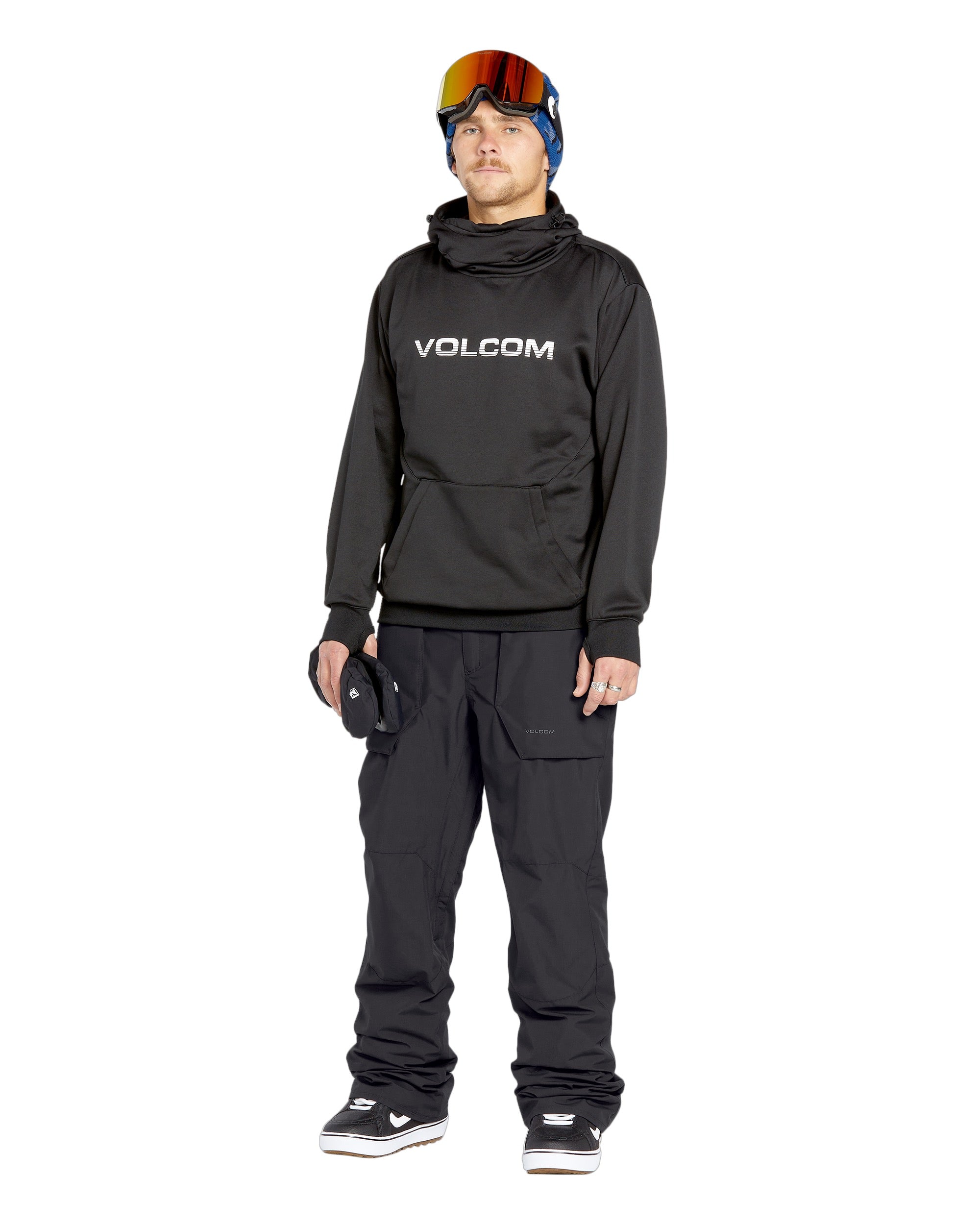 Volcom Men's Roan Shell Pant 2025 - A black snowboard pant with a zippered pocket on the thigh and adjustable Velcro straps at the waist.