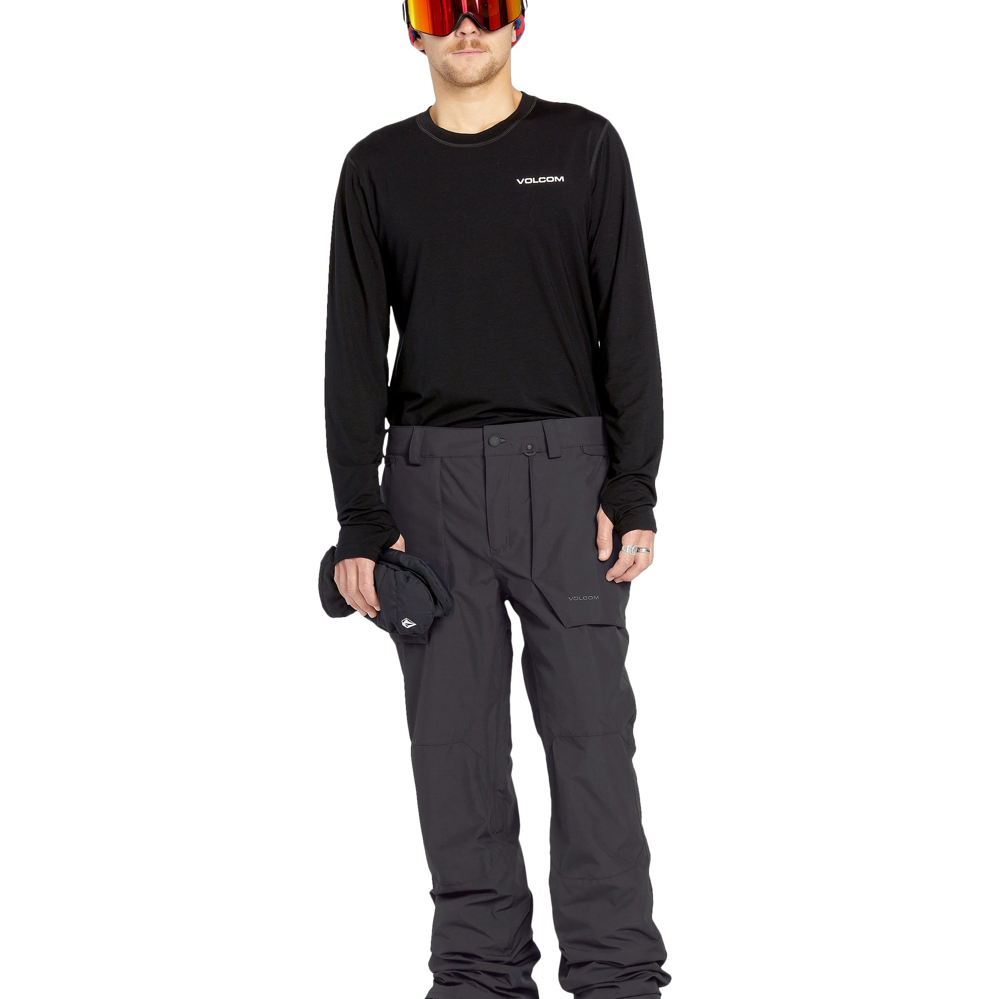Volcom Men's Roan Shell Pant - A black snow pant with a zippered pocket on the thigh and adjustable Velcro straps at the waist.