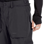 Volcom Men's Roan Shell Pant - A pair of black snow pants with a zippered pocket on the thigh and adjustable Velcro straps at the waist.