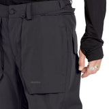 Volcom Men's Roan Shell Pant - A pair of black snow pants with a zippered pocket on the thigh and adjustable Velcro straps at the waist.