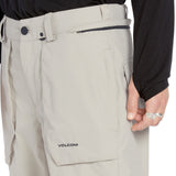 Volcom Men's Roan Shell Pant 2025 - A pair of khaki-colored snow pants with a zippered pocket on the thigh and adjustable Velcro straps at the waist.