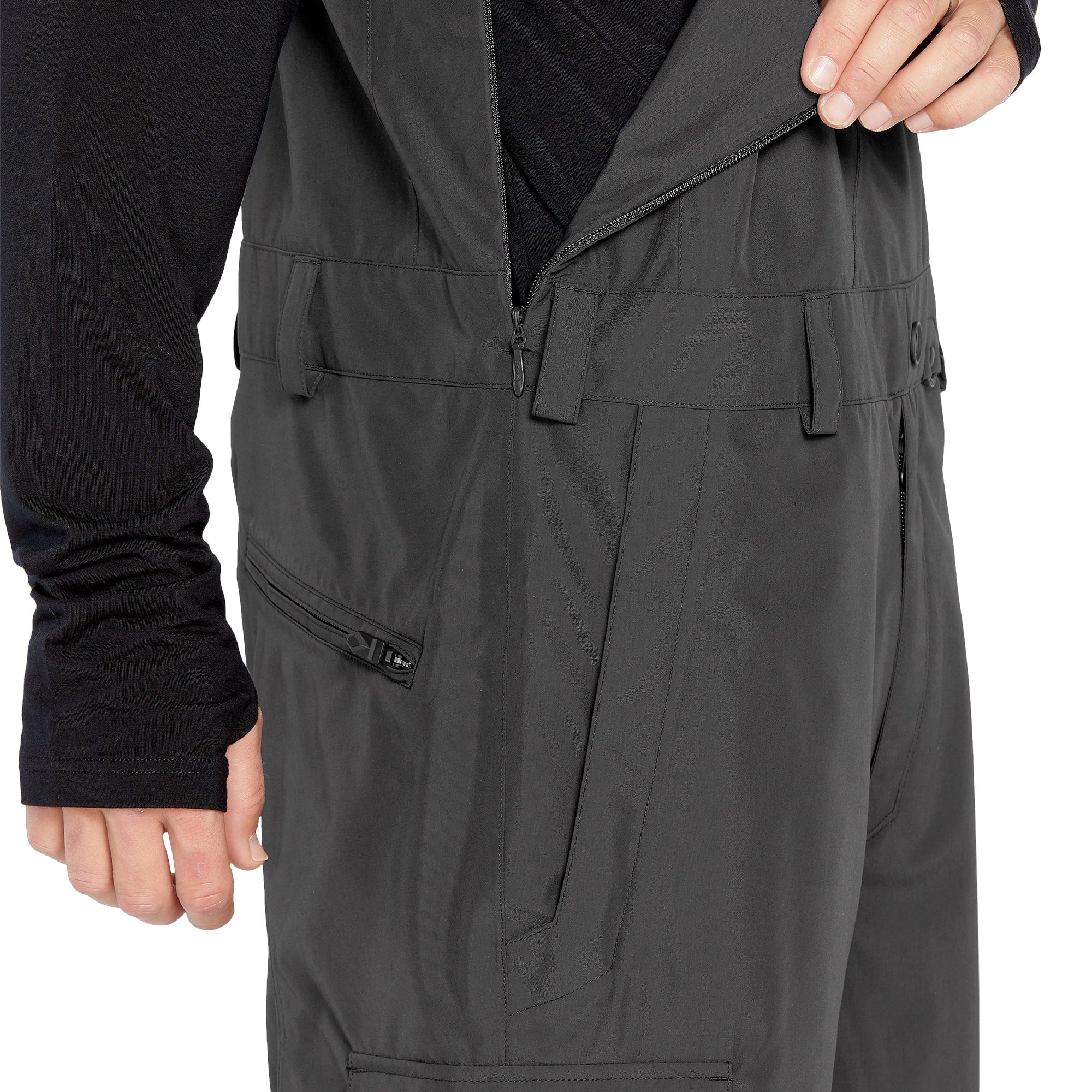 Volcom Men's V.Co Sparta Bib Overall - Black bib overall with black zipper and black Velcro straps on waistband.