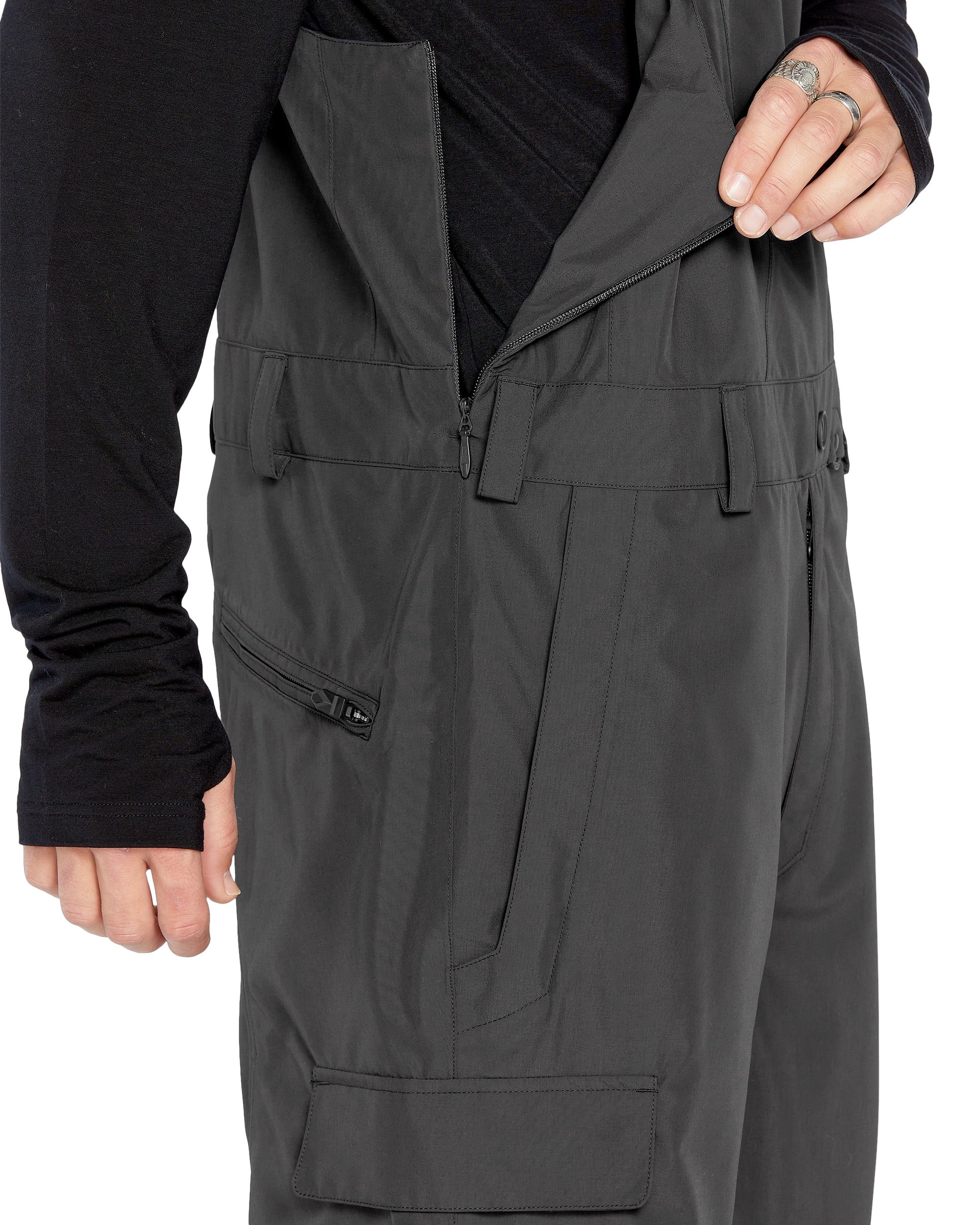 Volcom Men's V.Co Sparta Bib Overall - Black bib overall with black zipper and black Velcro straps on waistband.