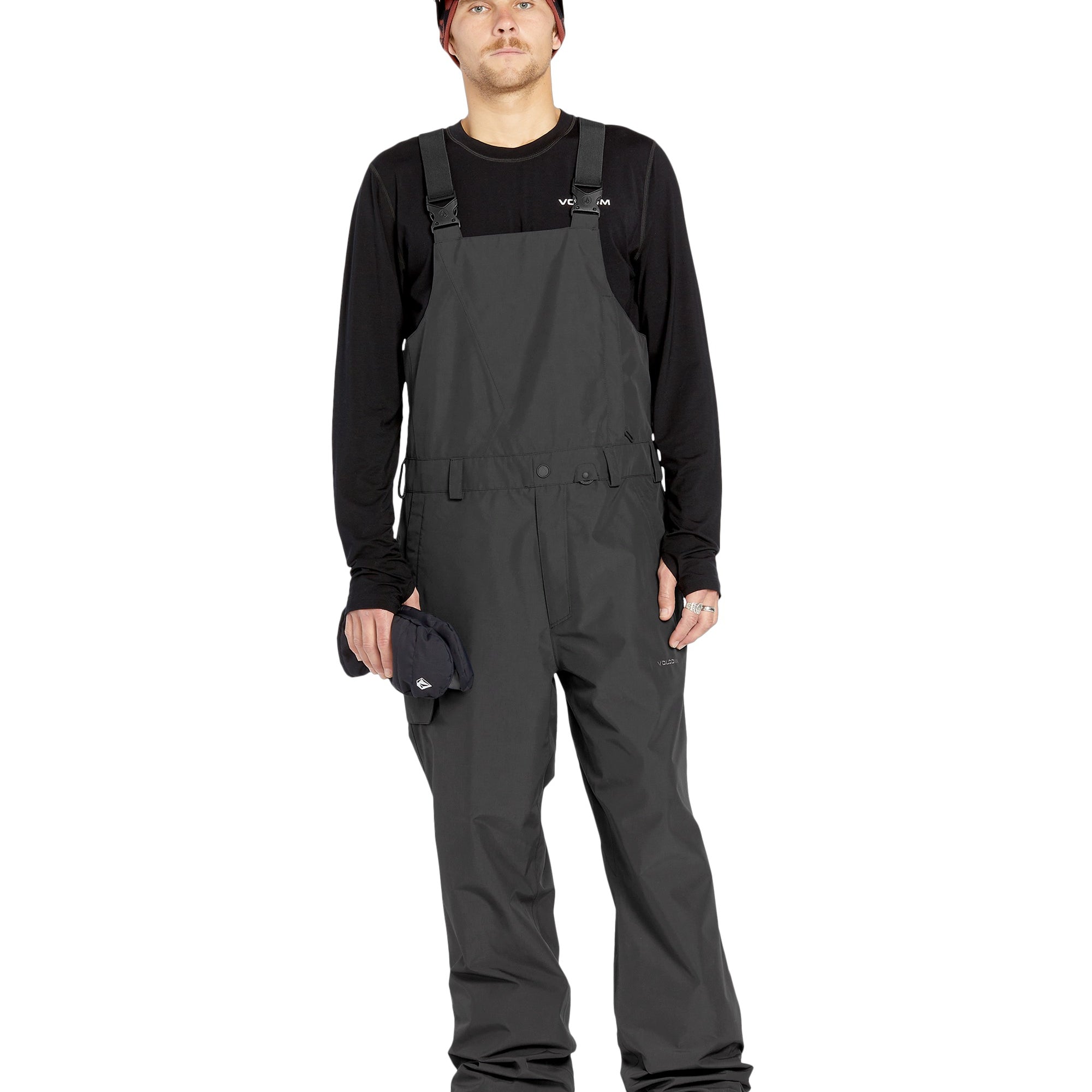 Volcom Men's V.Co Sparta Bib Overall - Black bib overalls with white logo on left thigh and adjustable straps.