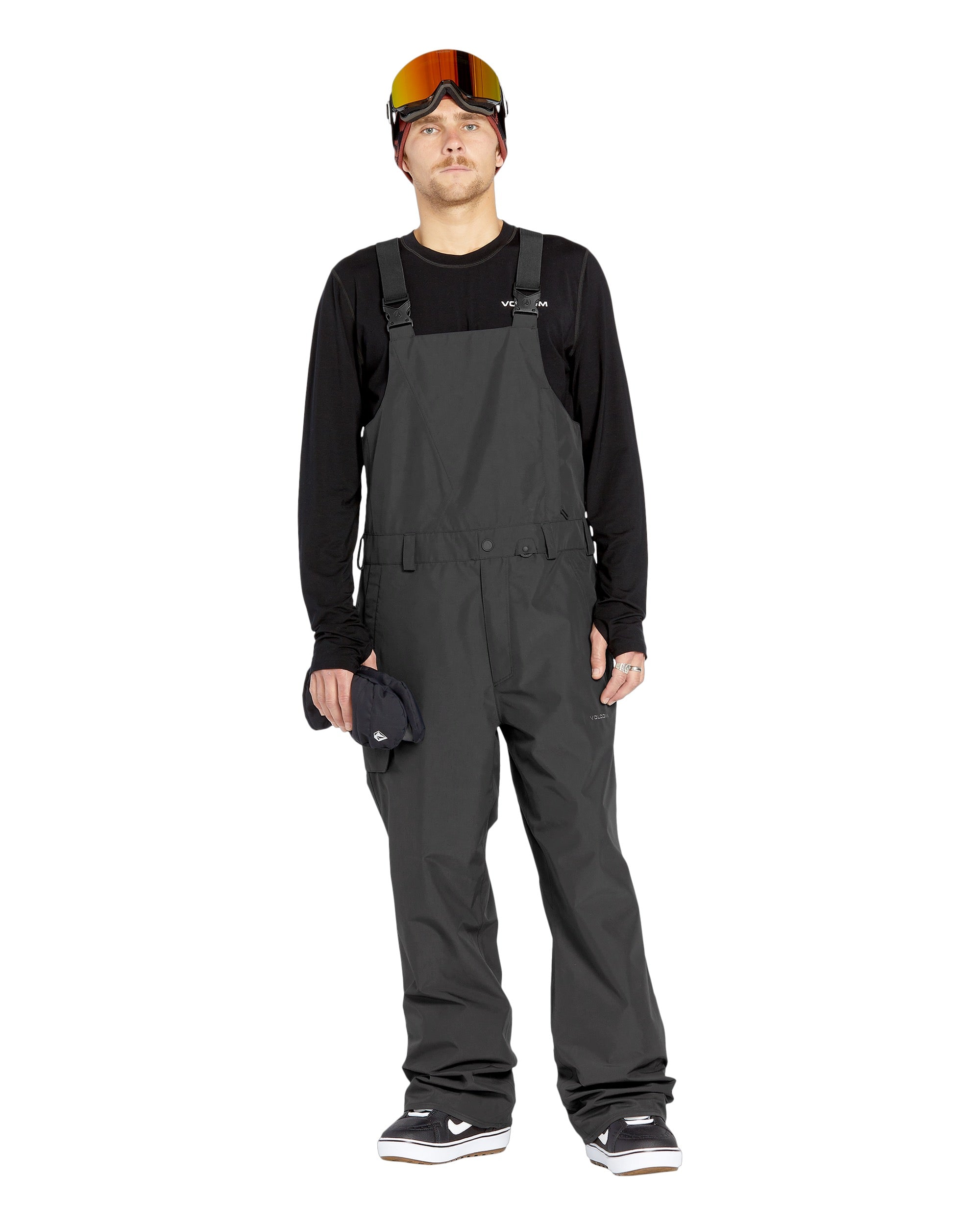 Volcom Men's V.Co Sparta Bib Overall - Black bib overalls with white logo on left thigh and adjustable straps.